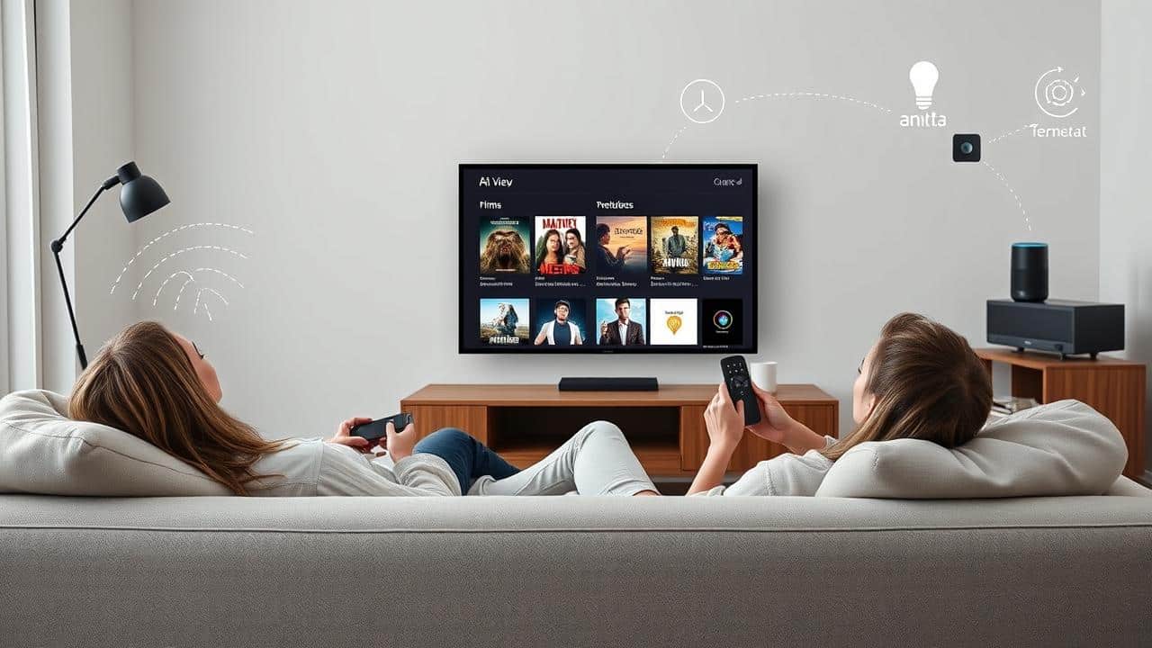 Pessoa usando controle de voz do Fire TV Stick Lite para TV e dispositivos de casa inteligente, em ambiente aconchegante.