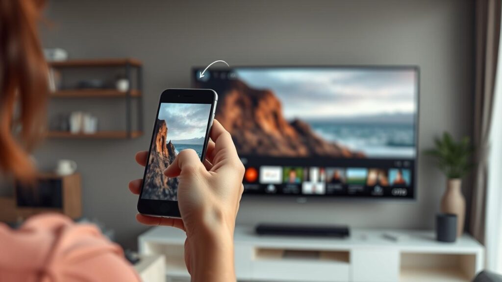 Smartphone espelhando sua tela em uma TV, demonstrando conexão sem fio de conteúdo.