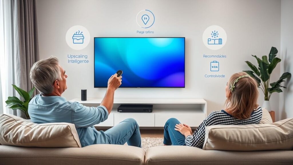 Pessoa interagindo com smart TV 4K via comandos de voz e funções de IA.