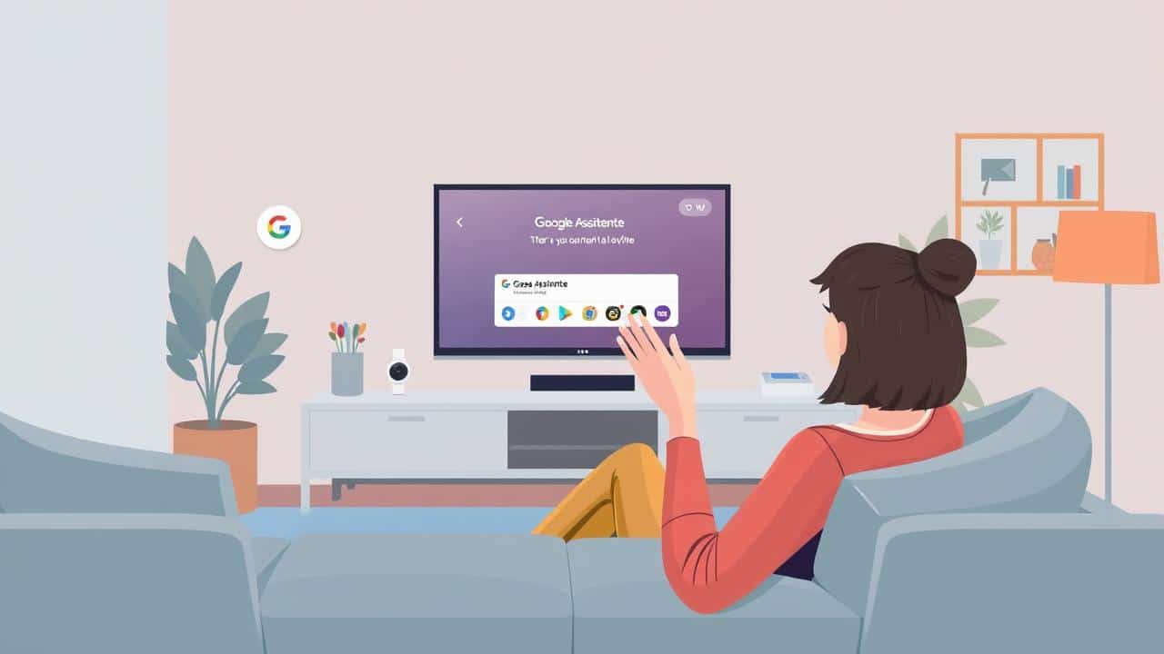 Pessoa usando comando de voz com Google Assistente para controlar Chromecast em uma televisão em sala moderna.