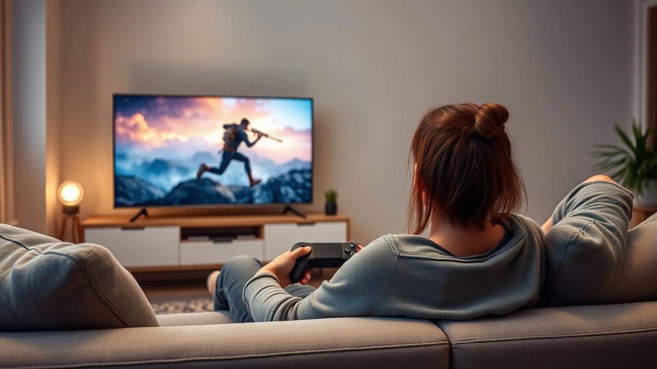 Pessoa jogando videogame na TV com controle e Fire TV Stick.