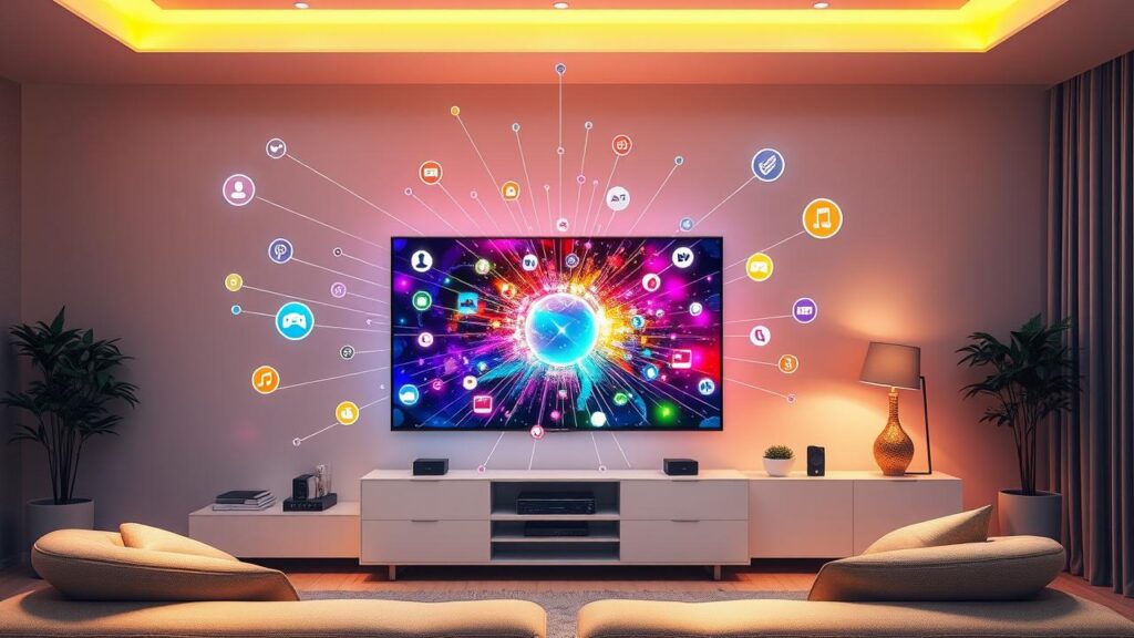 Smart TV como centro de entretenimento doméstico com ícones de streaming e conexões.