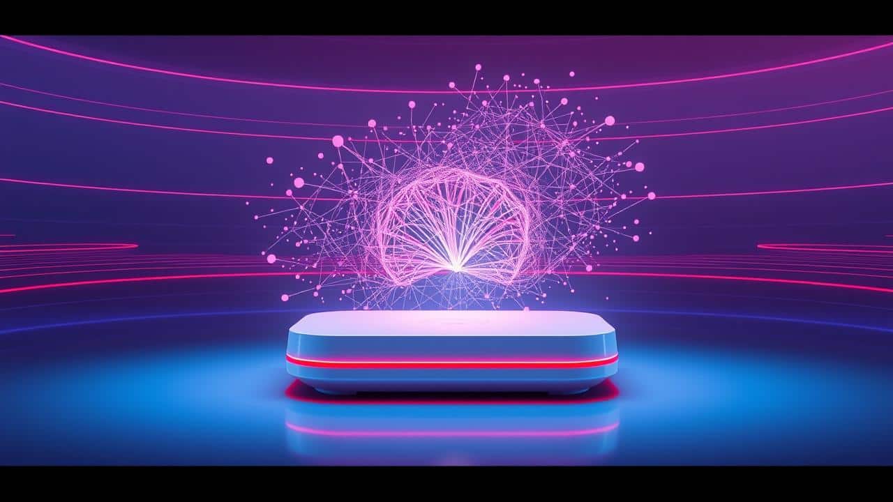 Representação futurista do Google TV Streamer, com elementos visuais de inteligência artificial Gemini, simbolizando o futuro do entretenimento.