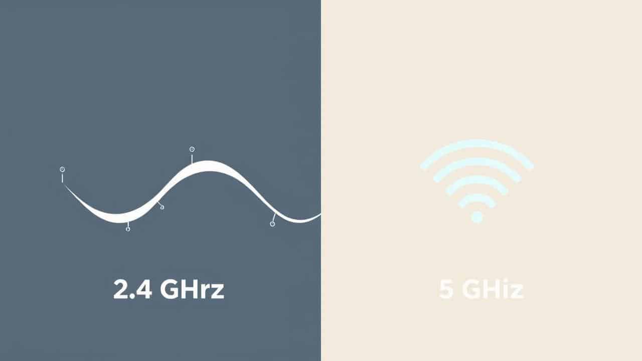 Infográfico comparando bandas Wi-Fi: 2.4 GHz (maior alcance, menor velocidade) vs. 5 GHz (maior velocidade, menor interferência).