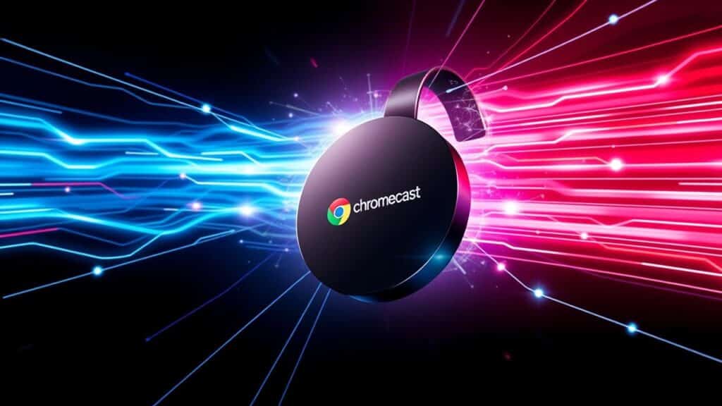 Ilustração tecnológica de um Chromecast 4K com energia azul, simbolizando desempenho superior e preparação para o futuro.