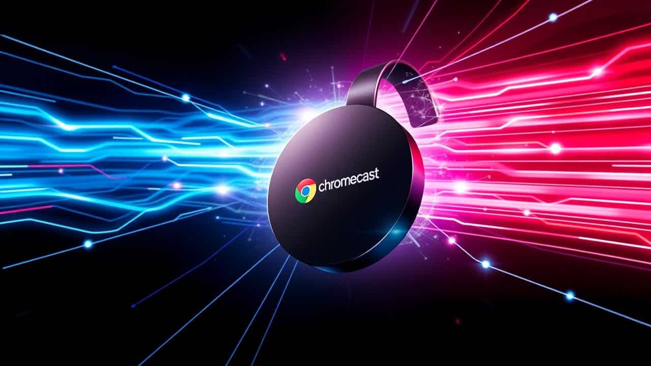 Ilustração tecnológica do Chromecast 4K com energia azul, representando future-proofing e desempenho superior.