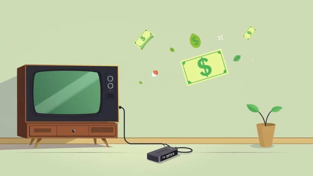 Símbolos de economia e sustentabilidade em torno de uma TV antiga com um dispositivo Smart.