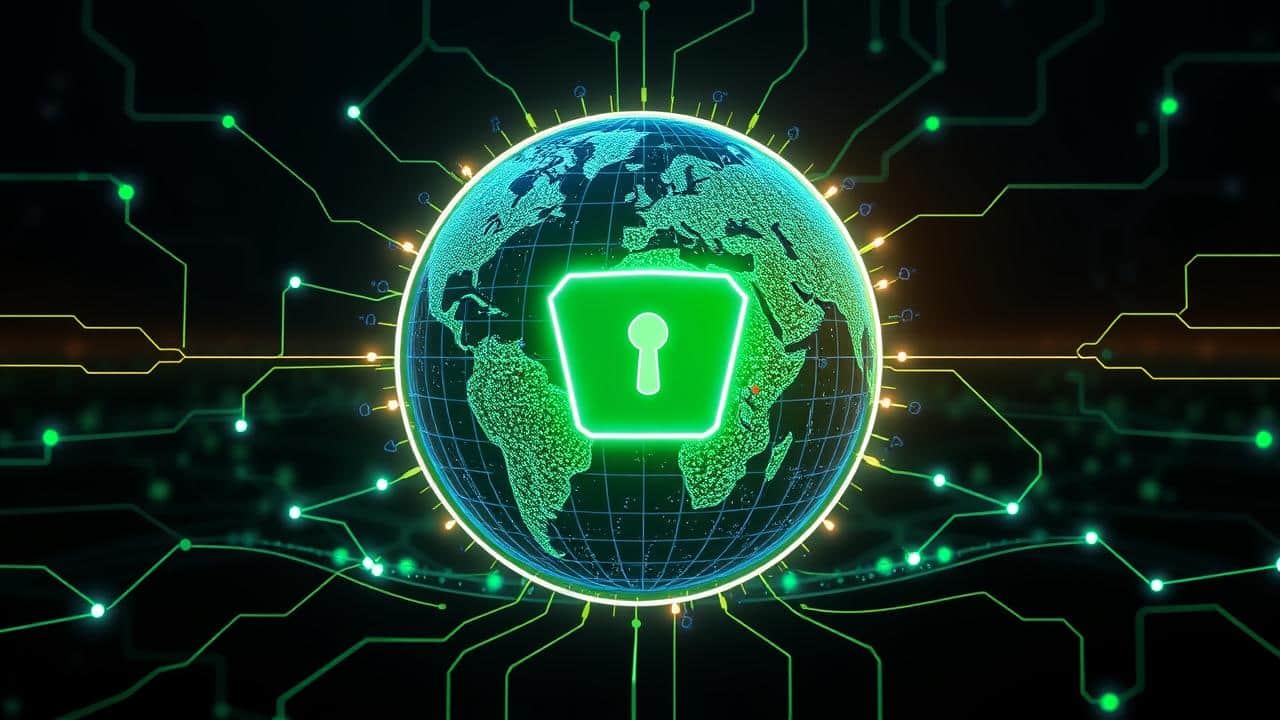 Gráfico conceitual de um globo com escudo digital e conexões seguras, simbolizando VPN.