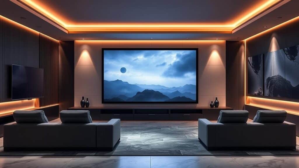 Sala de cinema em casa luxuosa com uma gigantesca TV 4K/8K na parede, exibindo cena cinematográfica.