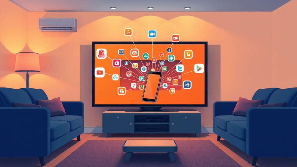 Ilustração de uma televisão antiga sendo modernizada por um smartphone, com ícones de tecnologia.