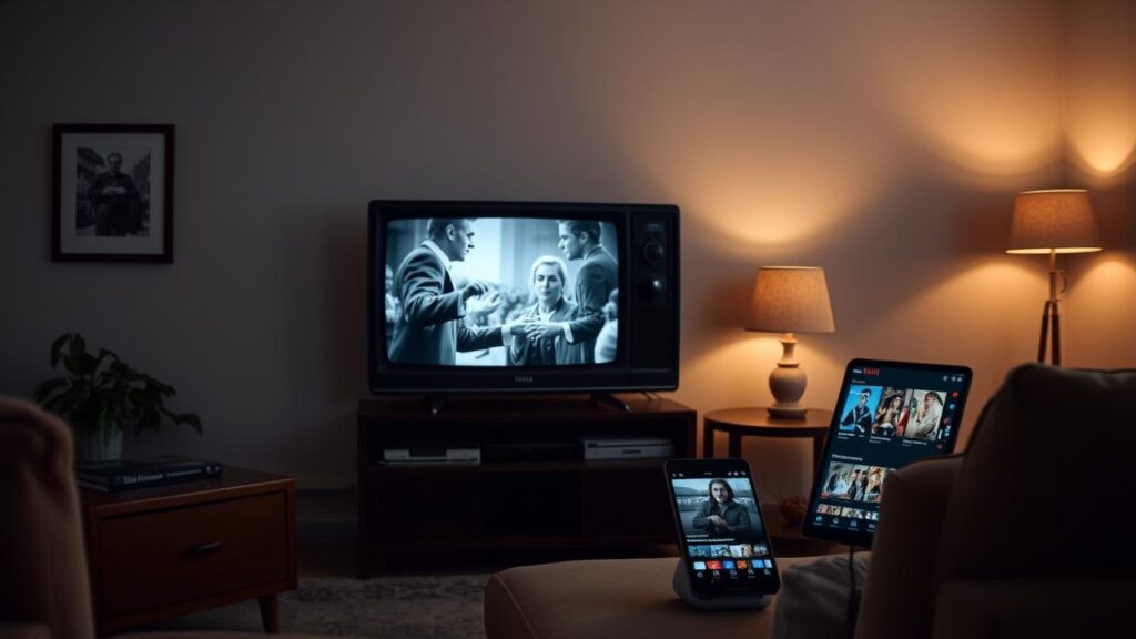 TV antiga e smartphone moderno com aplicativo de streaming.