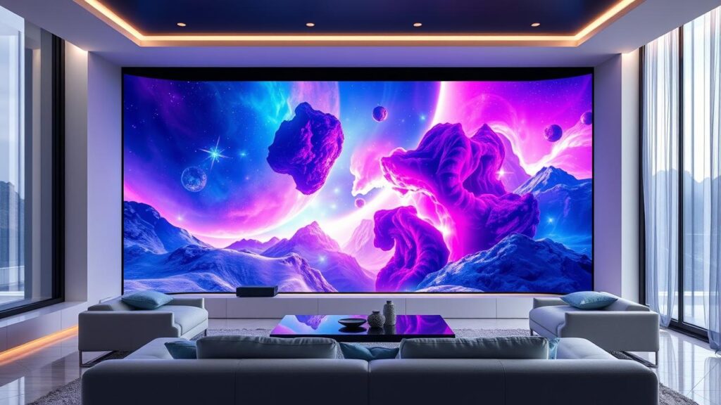 Sala de estar futurista com TV 4K exibindo conteúdo imersivo e vibrante.