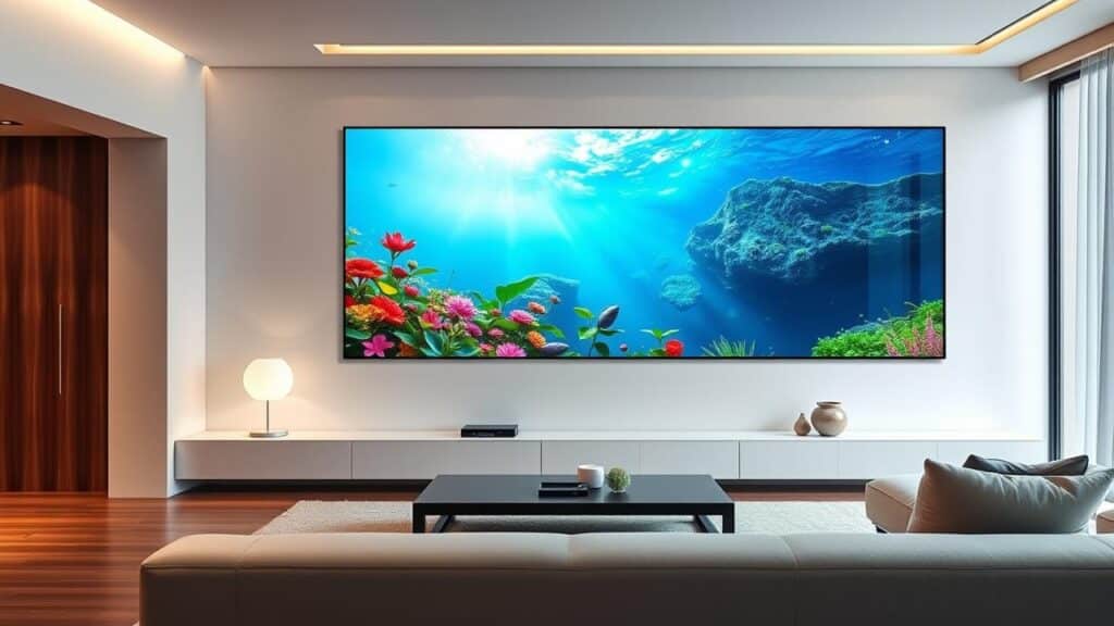 Sala de estar futurista com TV 4K grande exibindo cena de natureza vívida, num ambiente moderno.