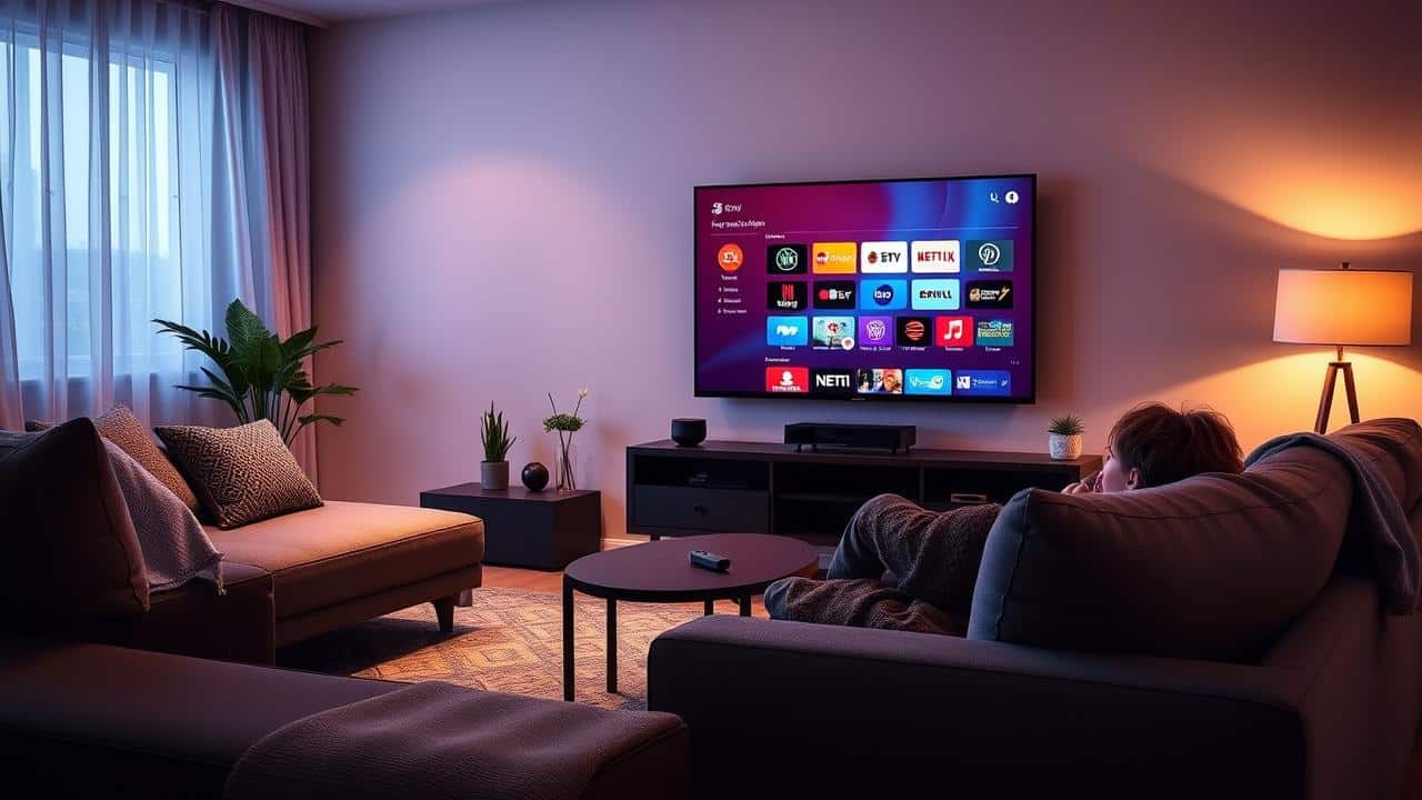 Sala de estar moderna com TV exibindo ícones de streaming e Fire TV Stick.