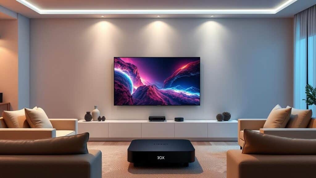 Sala de estar moderna com uma TV Box 2025 transformando a TV em um centro de entretenimento.