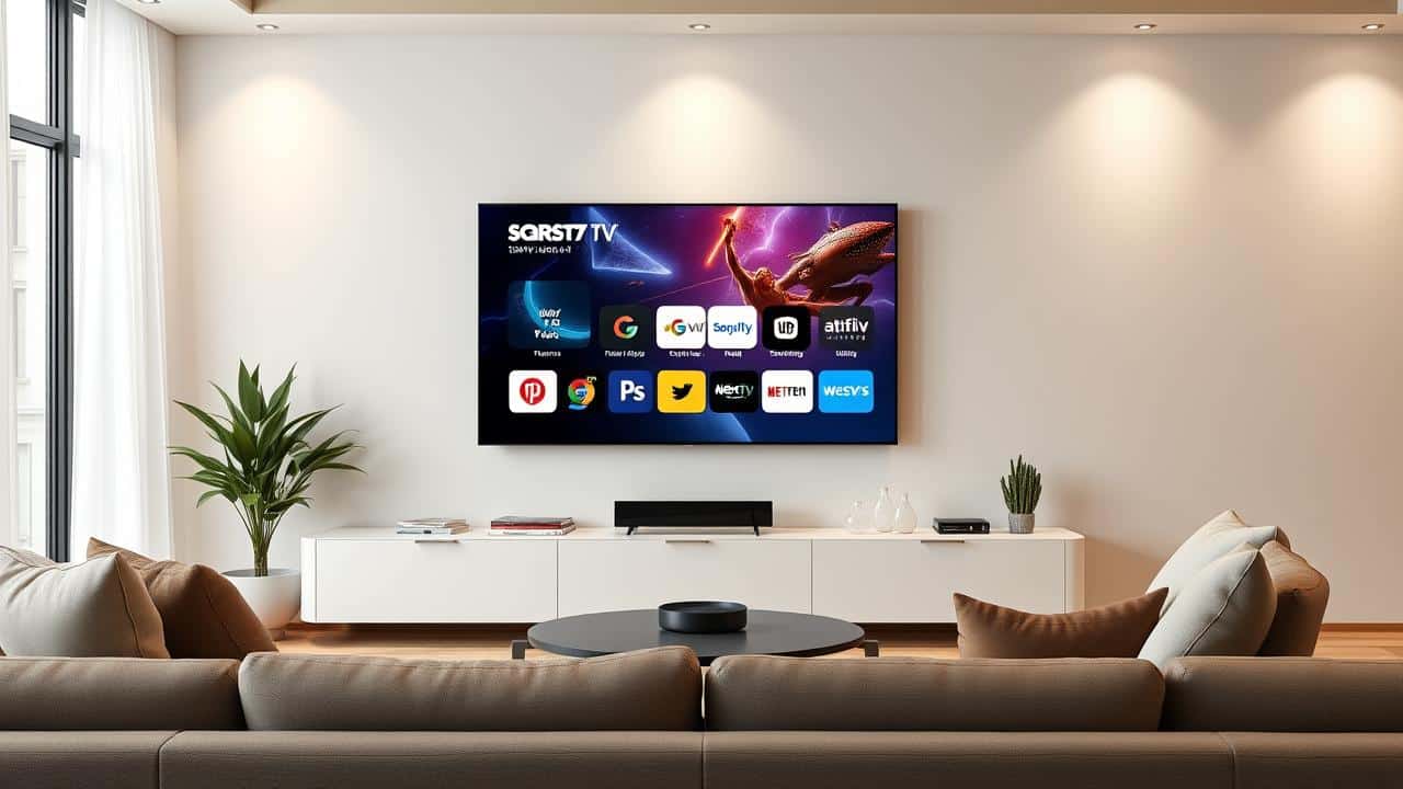 Sala de estar moderna com TV 4K e Chromecast, simbolizando entretenimento.