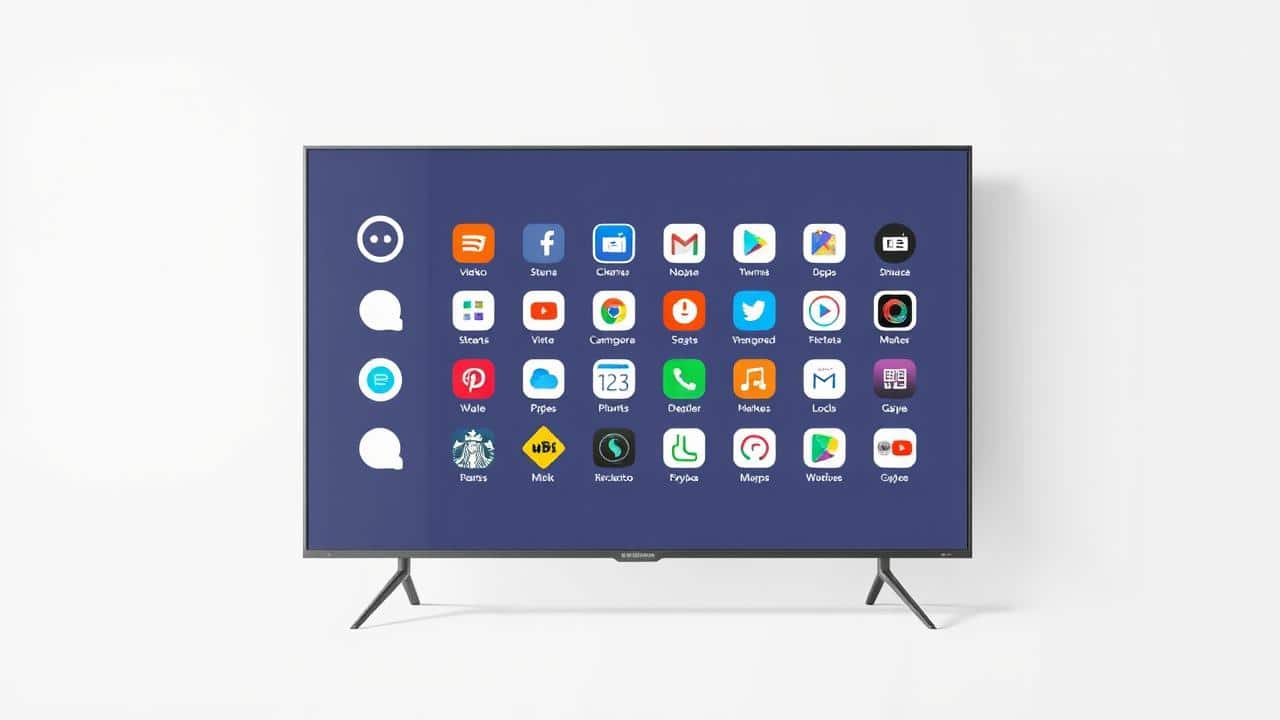 Ilustração de tela de TV com uma variedade de ícones genéricos de aplicativos.