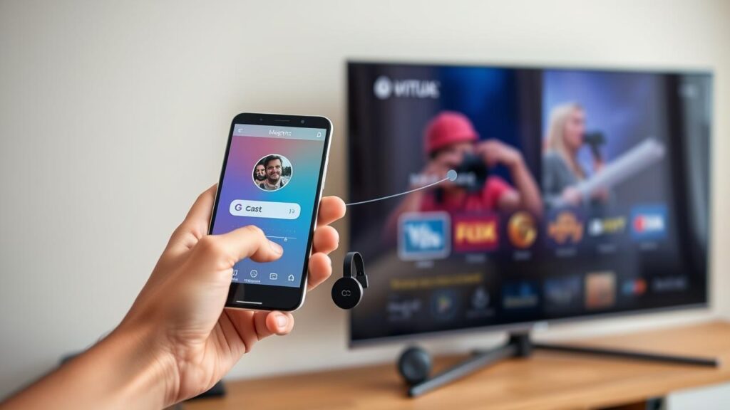 Dongle de streaming conectado a uma TV, com um smartphone controlando a transmissão de conteúdo.