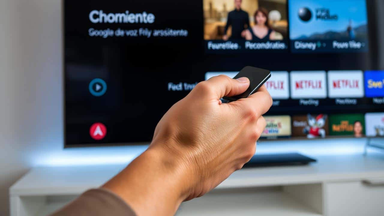Mão segurando controle remoto do Chromecast com botão do Google Assistente