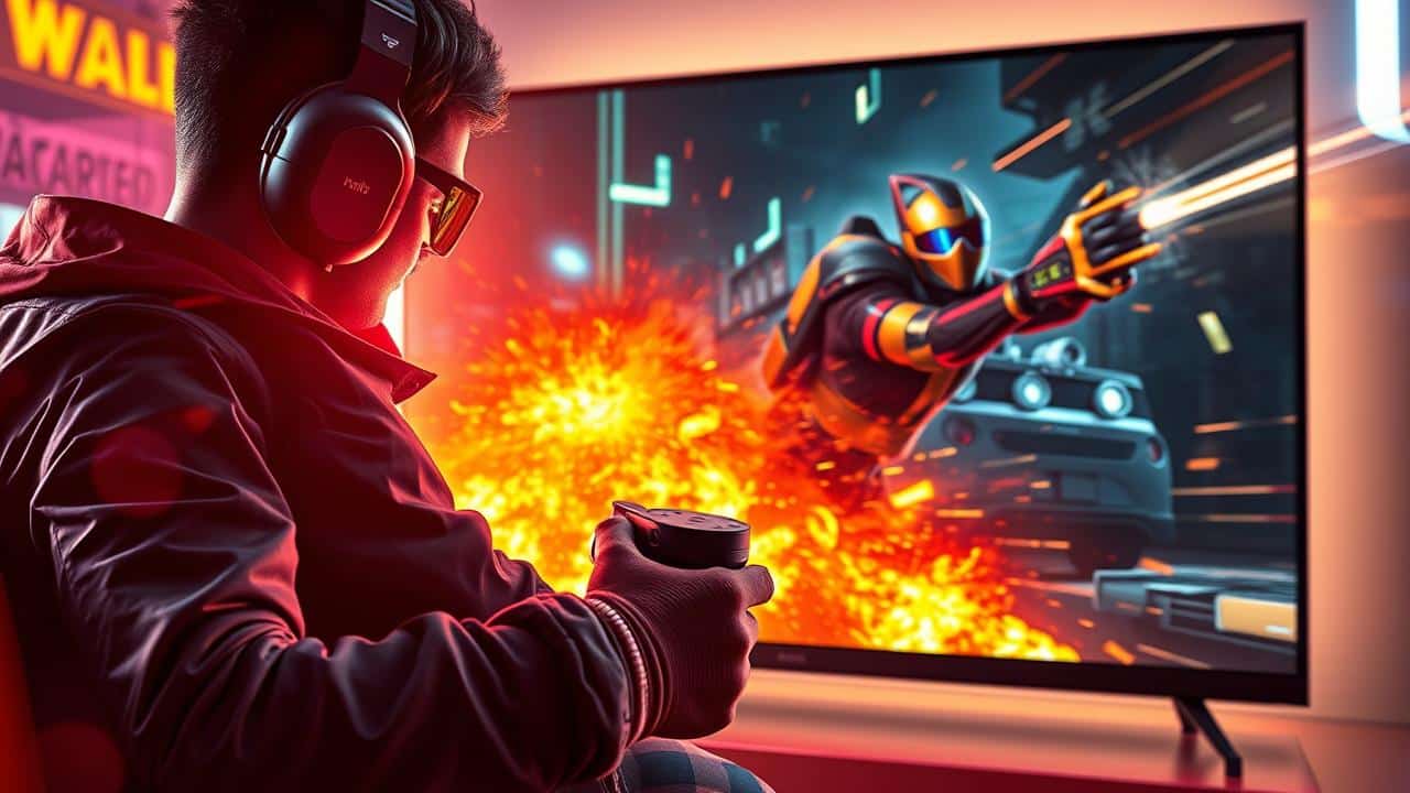 Gamer imerso em jogo 4K com Fire TV Stick 4K Max e efeitos de Wi-Fi 6E e AV1.