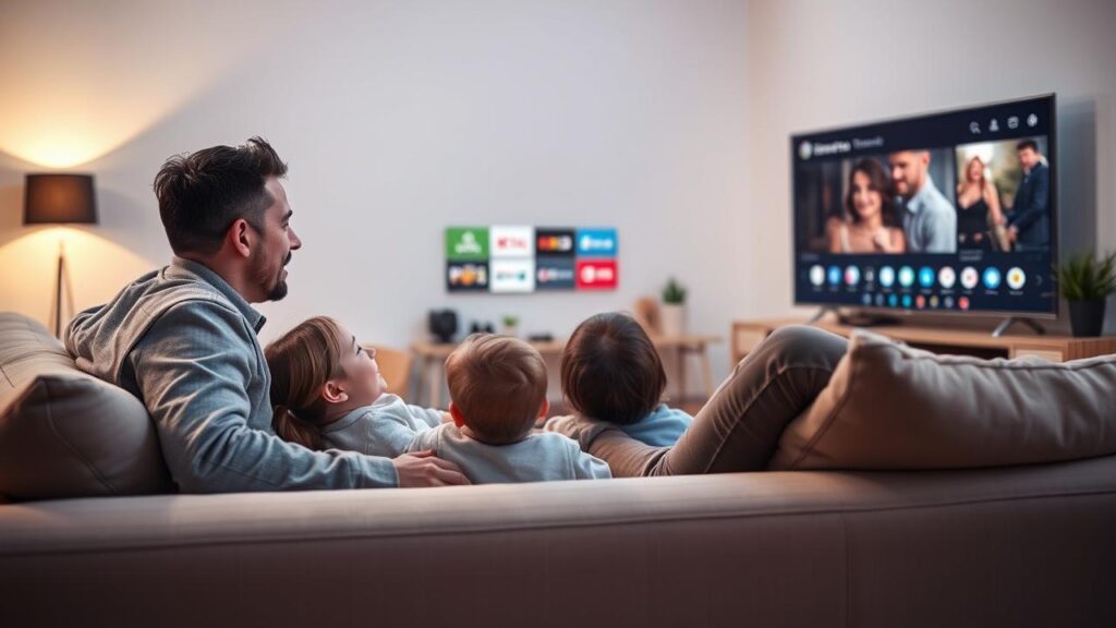 Família feliz assistindo a conteúdo em uma Smart TV na sala de estar.