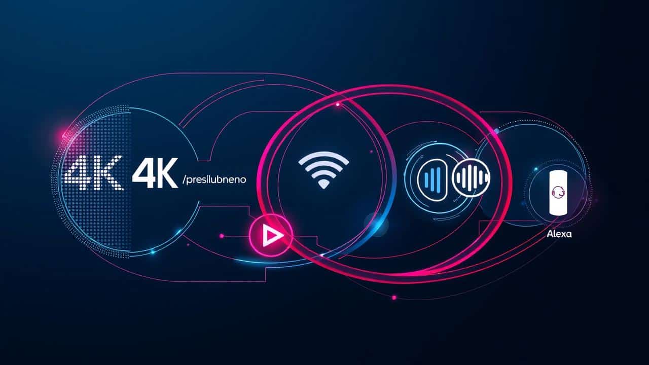 Ilustração conceitual abstrata mostrando painéis tecnológicos interconectados representando resolução 4K, velocidade do processador, Wi-Fi e áudio Alexa.