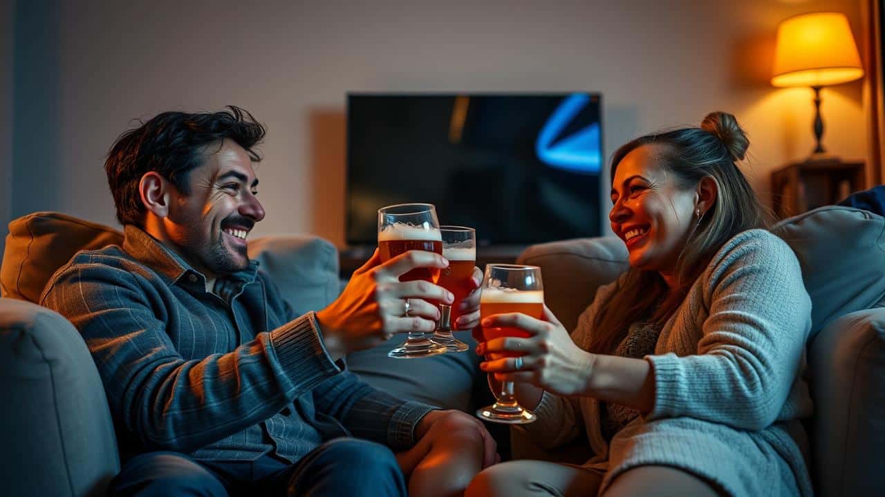 Casal relaxando em um sofá, rindo enquanto assiste a um filme de comédia ou romance.