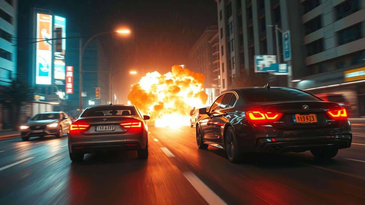 Cena de perseguição de carros em alta velocidade à noite, com luzes e fumaça.