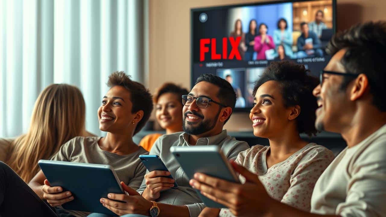 Cena global de pessoas diversas assistindo a reality shows em diferentes telas, representando o domínio da Netflix.