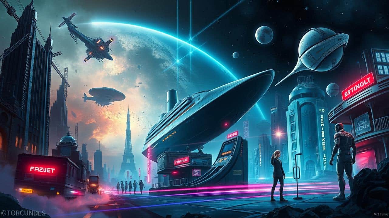 Colagem de cenas representando subgêneros da ficção científica como distopia e space opera.