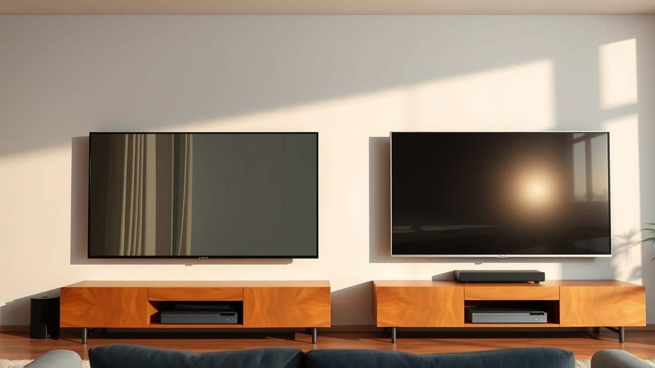 Comparação visual de duas TVs, uma com reflexo e outra com tela matte sem reflexo.