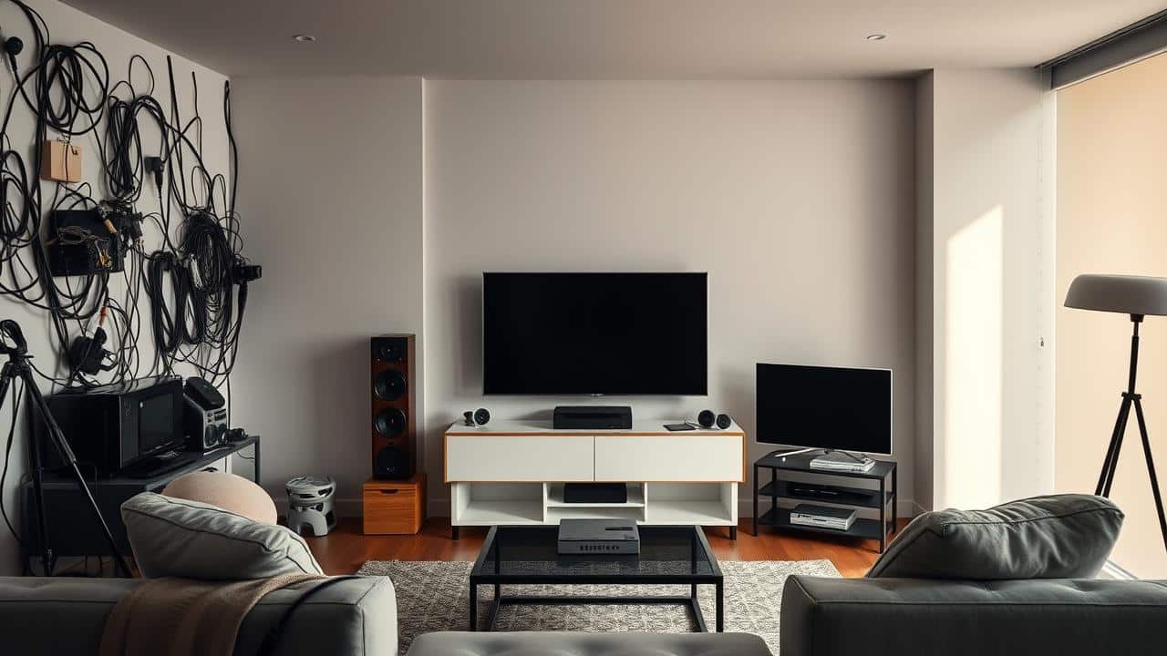 Comparativo visual de uma sala de estar: desordem de cabos e controles versus simplicidade da Claro Box TV.
