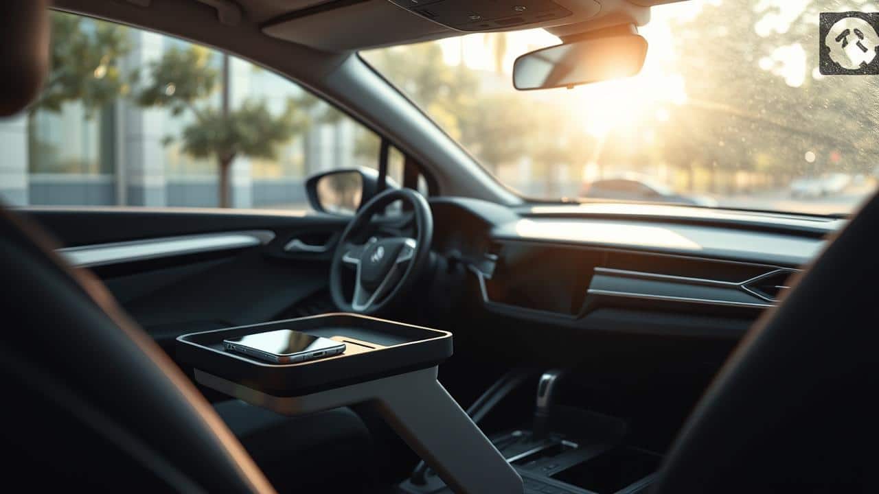Console central de carro organizado sem cabos, com smartphone em carregador sem fio.