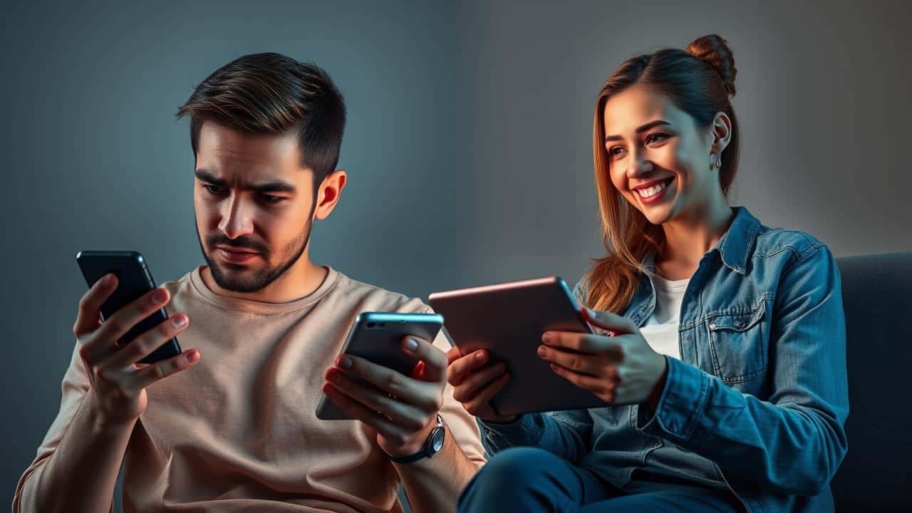 Contraste entre pessoa frustrada por anúncios e pessoa relaxada assistindo conteúdo fluido sem interrupções.