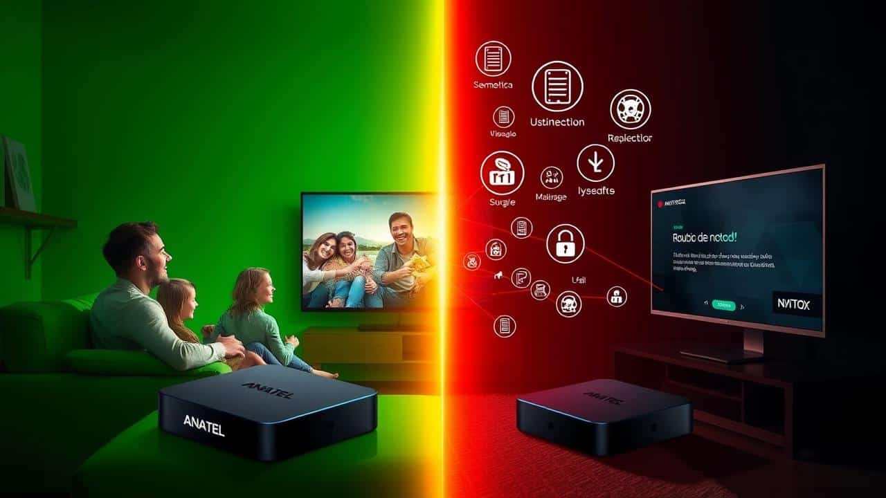 Contraste visual entre uma TV Box legal e segura (verde, com selo ANATEL) e uma ilegal (escura, com símbolos de malware).