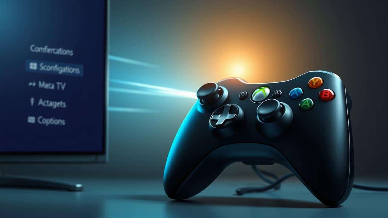 Controle de Xbox 360 e tela de TV simbolizando ajuste de resolução.