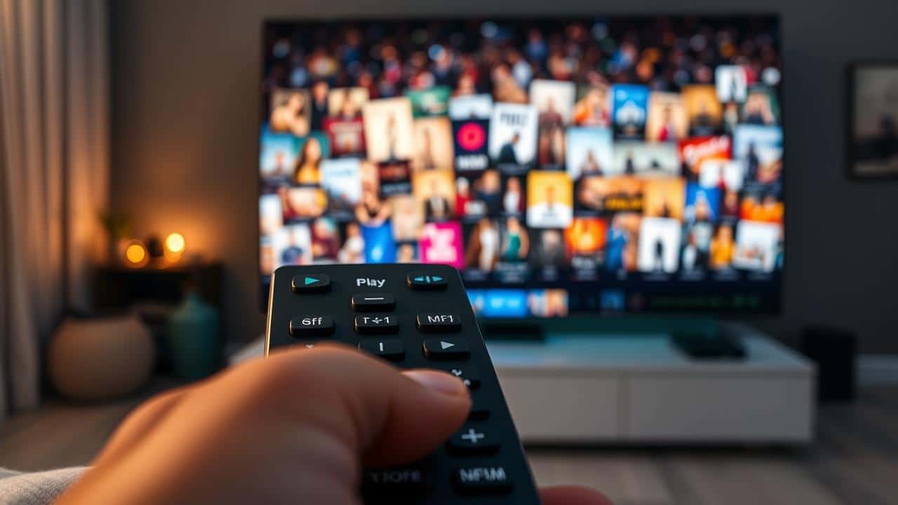 Controle remoto apontando para uma tela de TV com diversos conteúdos de streaming.