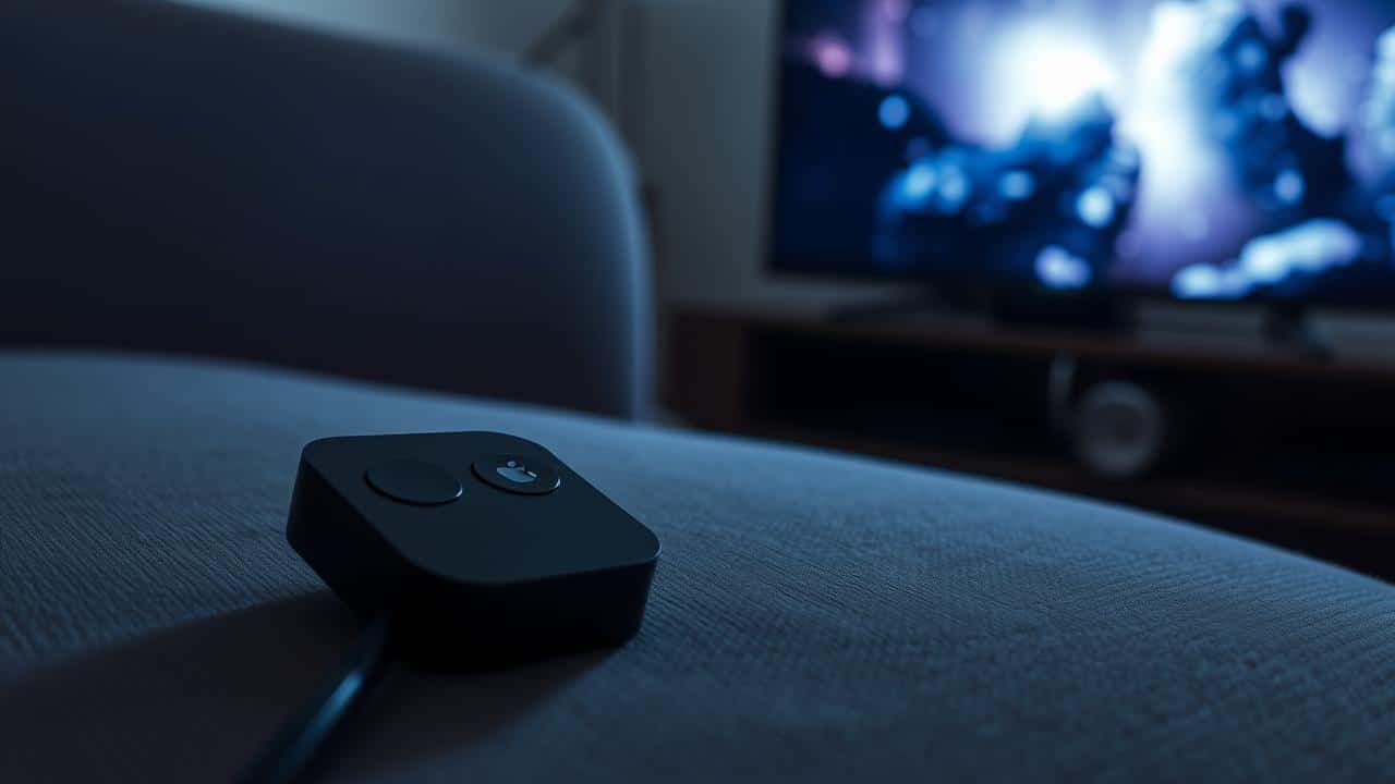 Controle remoto da Apple TV Siri Remote inoperante sobre um sofá, simbolizando frustração e um problema técnico.