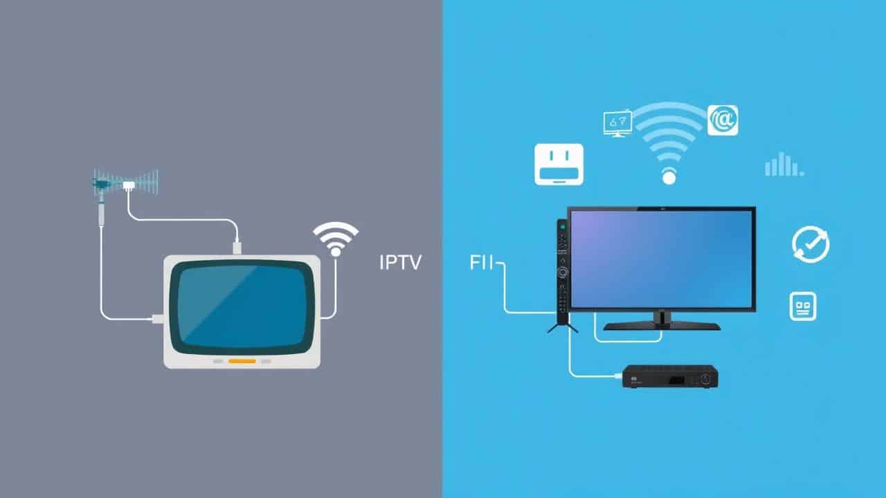 Comparação ilustrada entre TV por cabo/satélite (fiação) e IPTV (internet Wi-Fi/Ethernet).