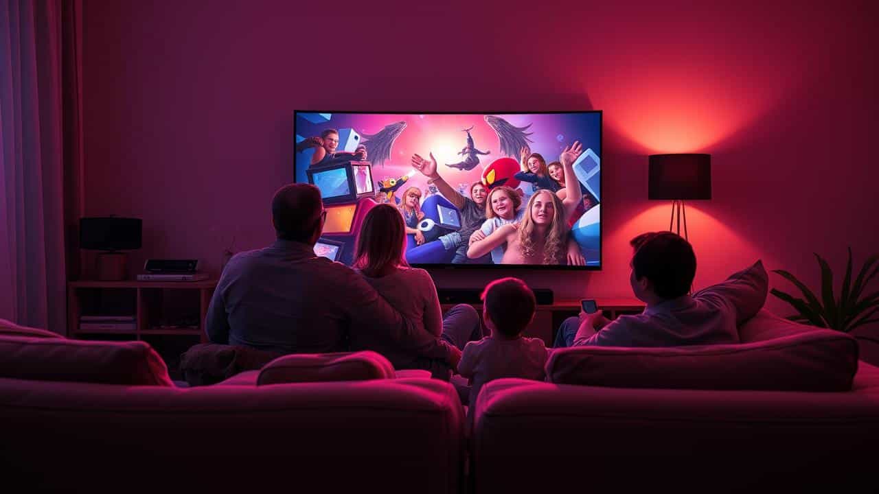 Família assistindo filme em Samsung The Frame 32 com tela colorida e nítida.