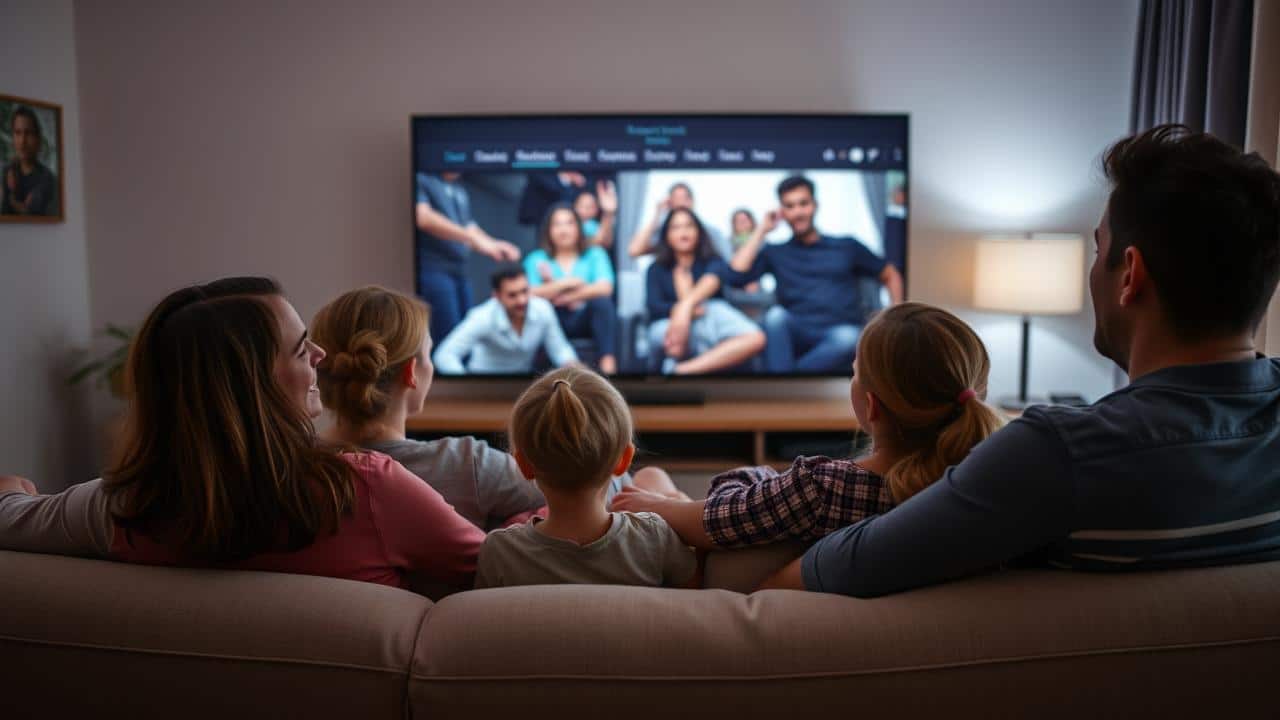 Família feliz assistindo streaming legal em ambiente seguro.