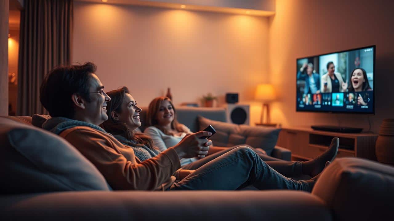 Família ou pessoa feliz assistindo Apple TV com o controle remoto funcionando, simbolizando diversão recuperada.