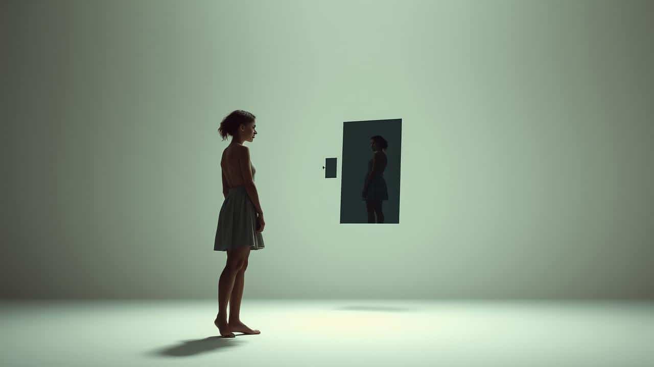 Figura solitária em espaço surreal olhando para um reflexo incompleto, simbolizando a fragmentação da identidade e a perda de memória.
