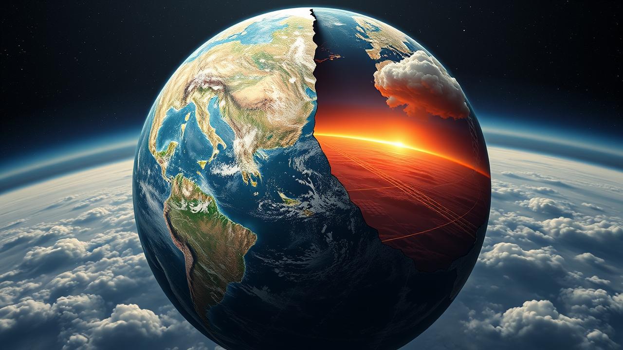 Globo terrestre rachado com símbolos de mísseis e nuvens nucleares, representando a Guerra Fria.