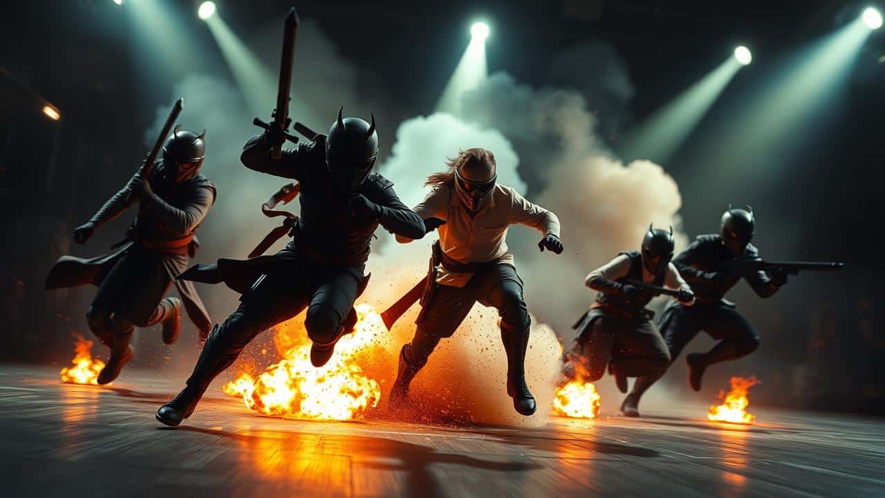 Grupo de guerreiros em combate intenso.