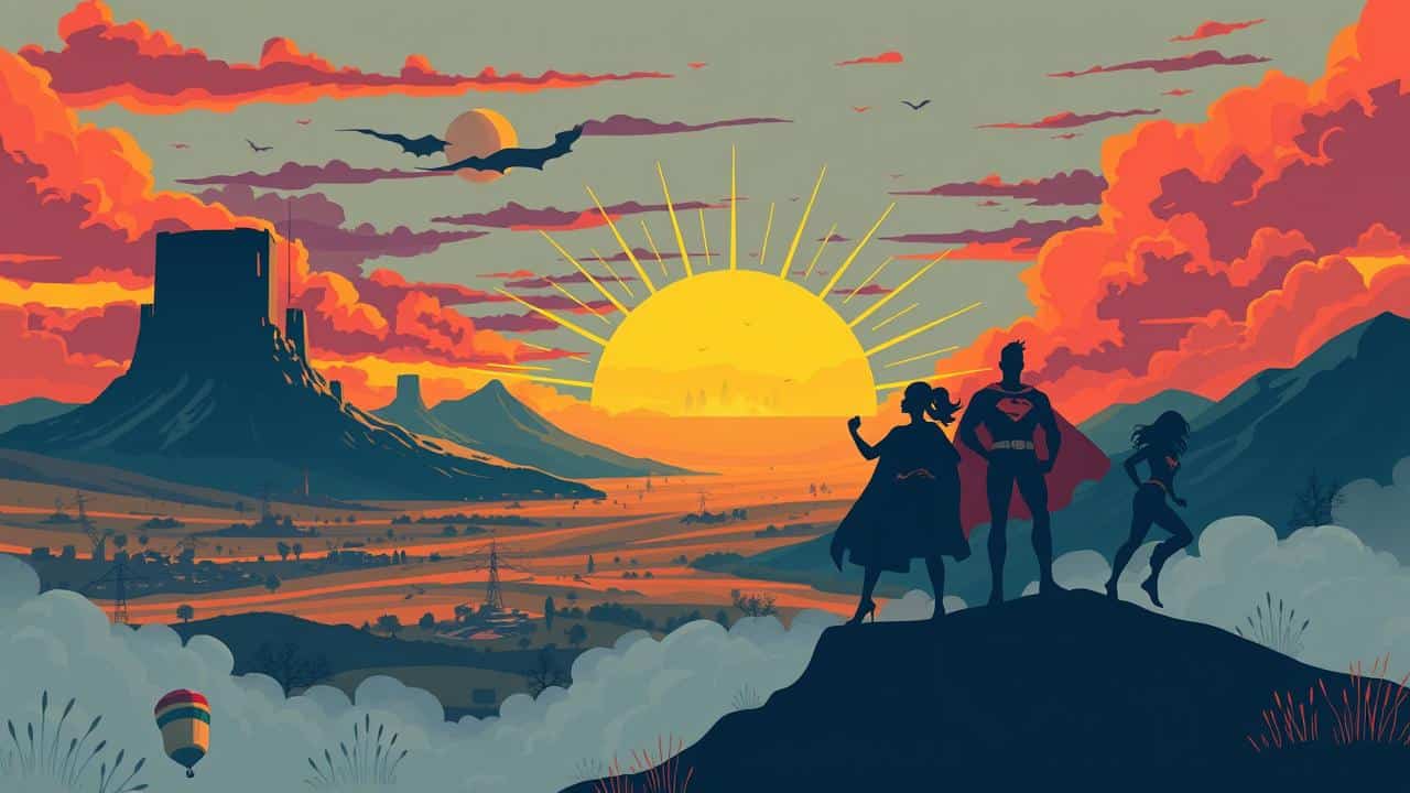 Ilustração combinando cenário pós-apocalíptico e super-heróis em ação.