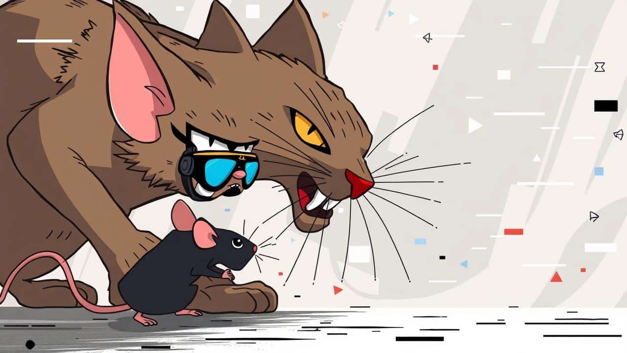 Ilustração conceitual de gato e rato, simbolizando a batalha entre YouTube e bloqueadores de anúncios.