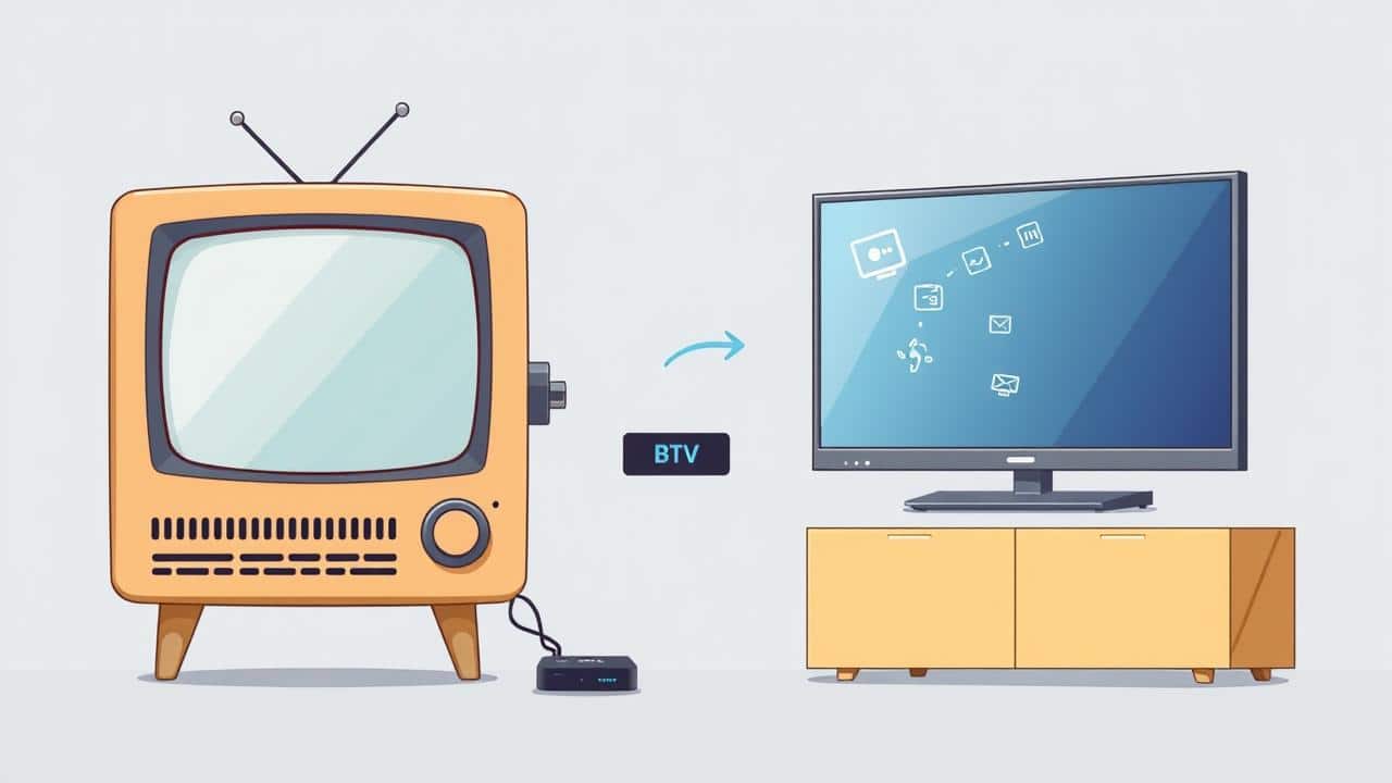 Ilustração conceitual de um BTV Box transformando uma TV antiga em Smart TV.