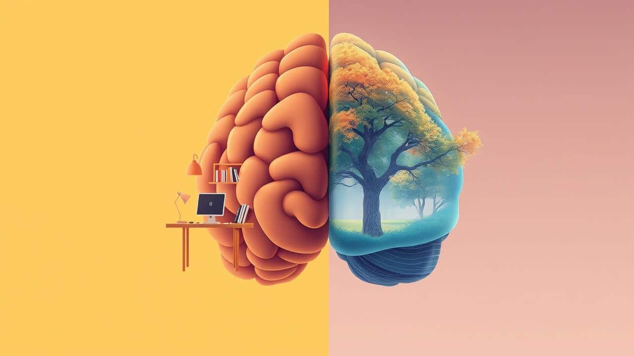 Ilustração conceitual de uma cabeça dividida, representando a separação entre a vida profissional em um escritório estéril e a vida pessoal vibrante.