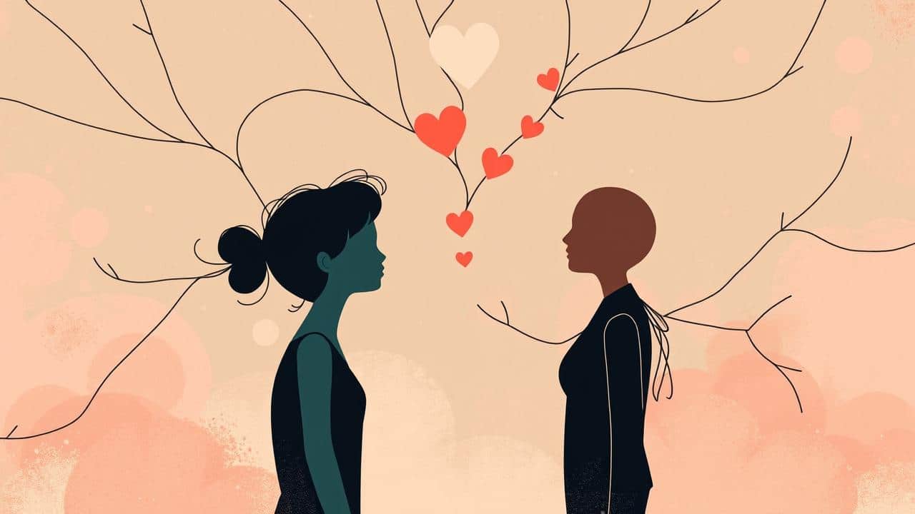 Ilustração conceitual suave sobre conexões humanas e dramas de relacionamento em reality shows, focando em emoções autênticas.